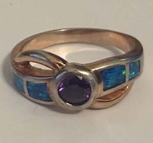 GENUINE BLUE OPAL & LAB AMETHYST RING .925 STERLING SILVER - New With tag